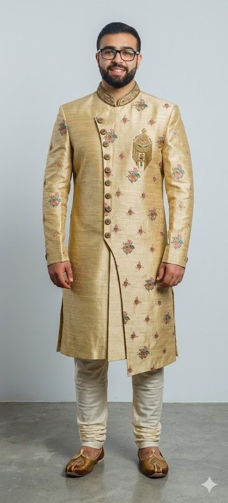 Golden Sherwani with Floral and Tassel Embroidery