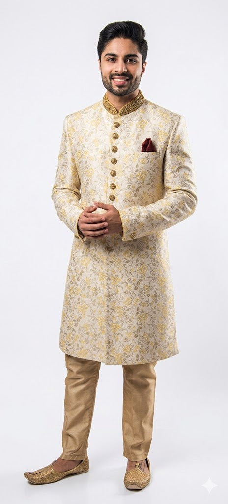 Off-white Sherwani with Gold Thread Work and Velvet Details