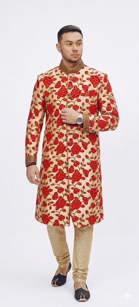 Ivory Sherwani with Rich Golden Embellishments and Pocket Detai