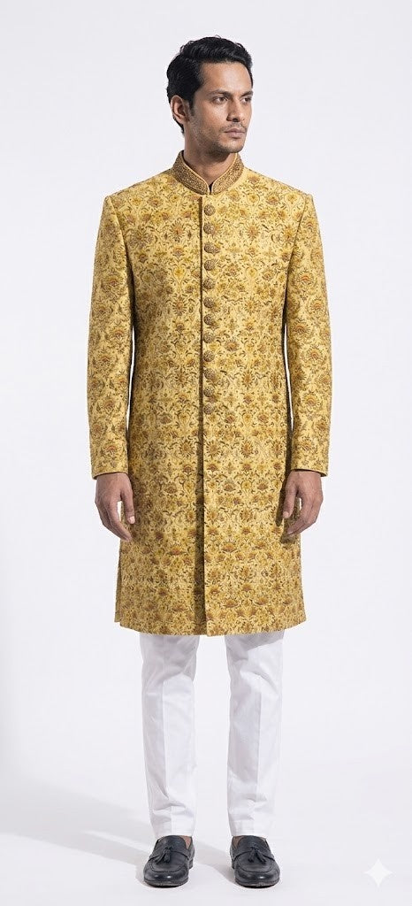Golden Yellow Brocade Sherwani with Intricate Floral Embroidery