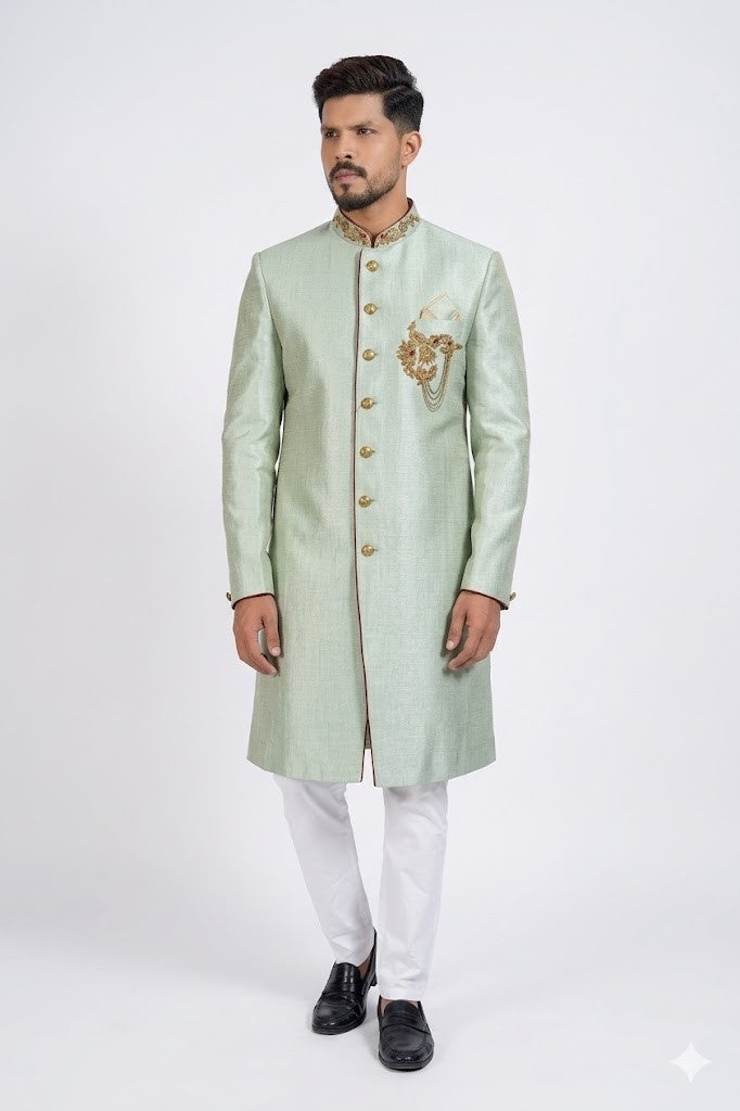 Mint Green Sherwani with Floral Embroidery and Pocket Square