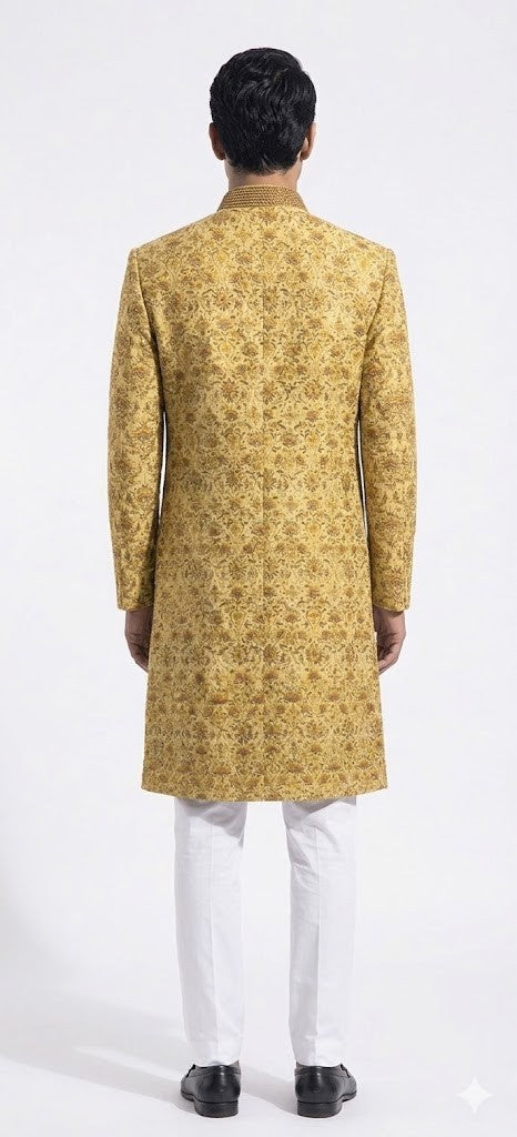 Golden Yellow Brocade Sherwani with Intricate Floral Embroidery