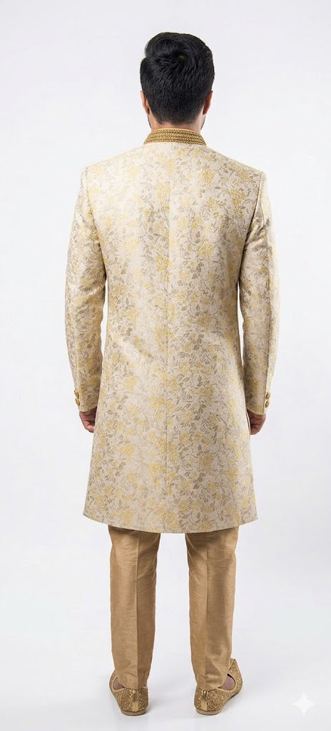 Off-white Sherwani with Gold Thread Work and Velvet Details