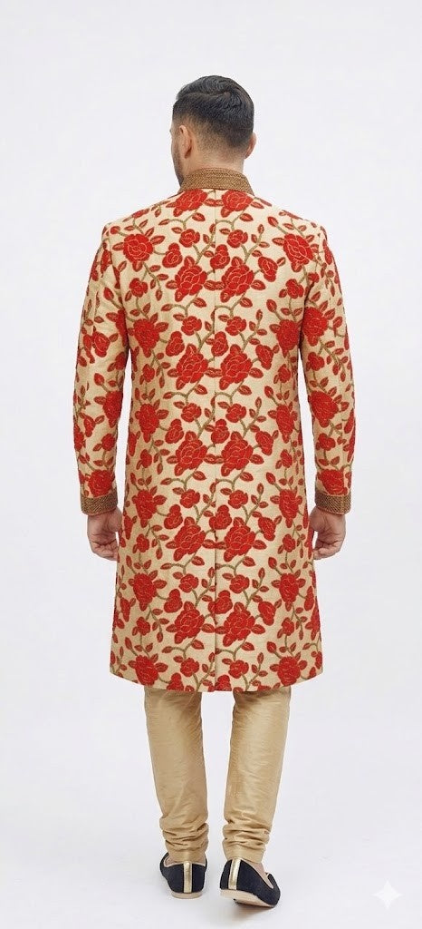 Ivory Sherwani with Rich Golden Embellishments and Pocket Detai