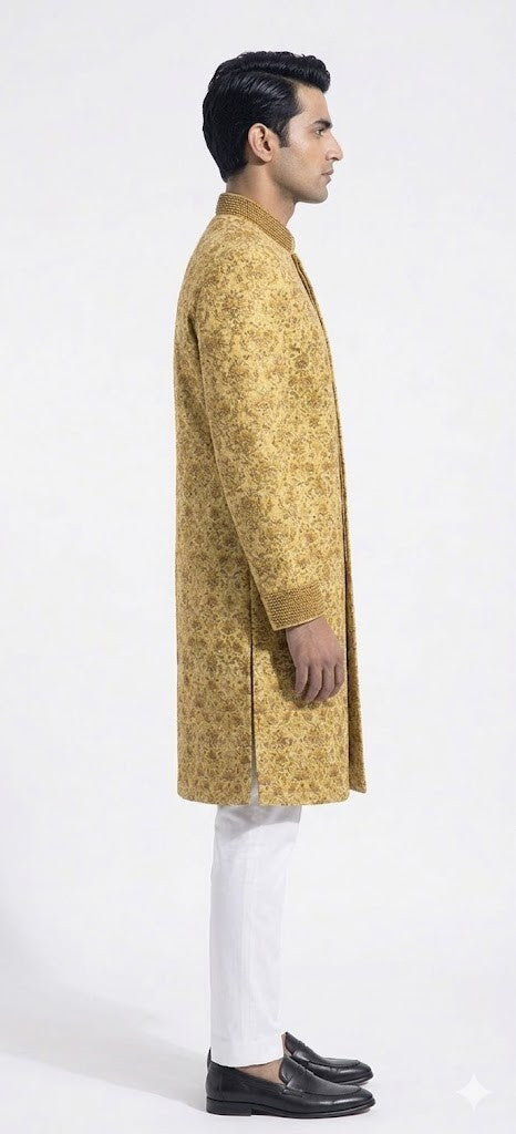 Golden Yellow Brocade Sherwani with Intricate Floral Embroidery