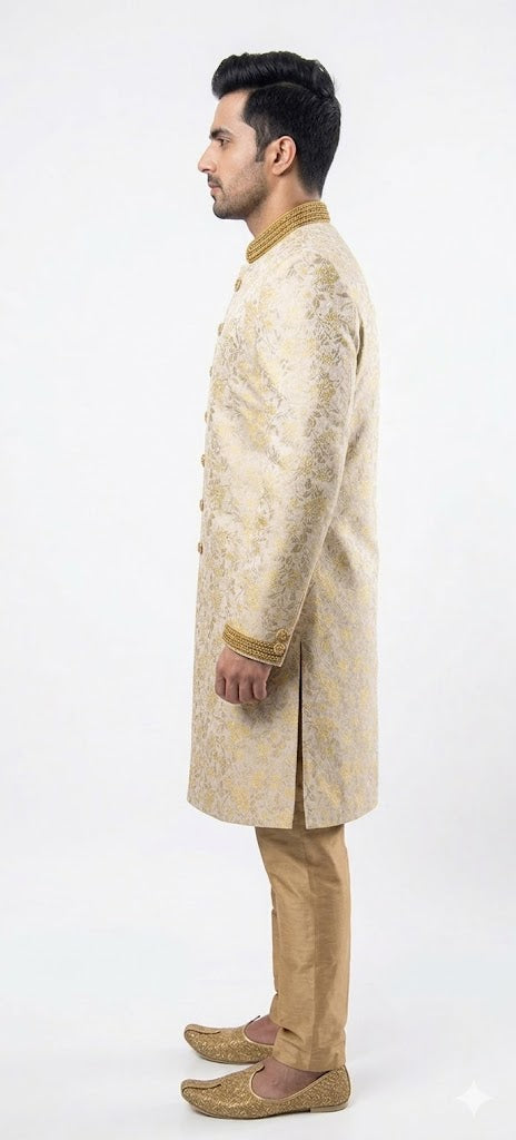 Off-white Sherwani with Gold Thread Work and Velvet Details