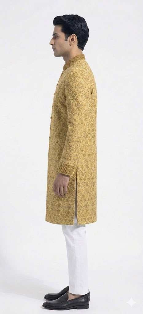 Golden Yellow Brocade Sherwani with Intricate Floral Embroidery