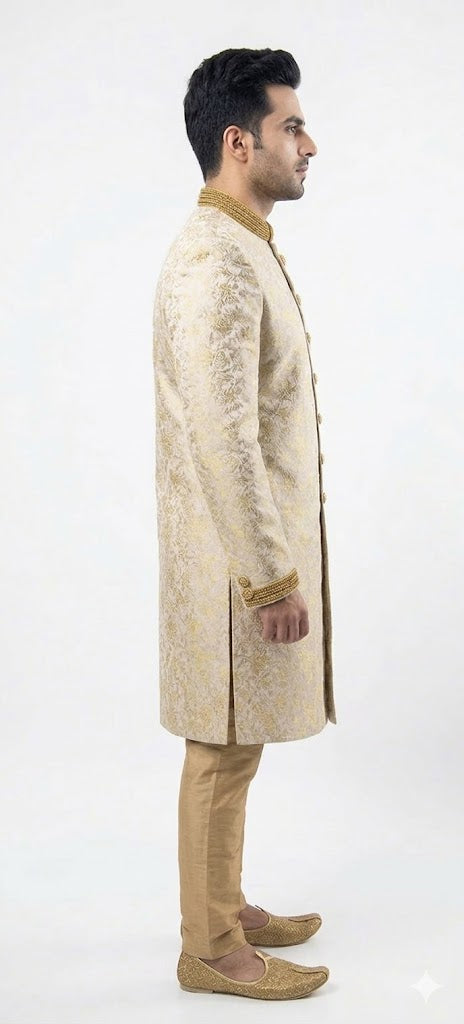 Off-white Sherwani with Gold Thread Work and Velvet Details