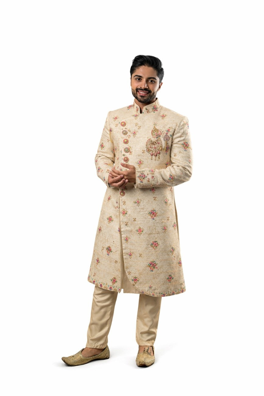 Beige Sherwani with Floral Embroidery and Peacock Design