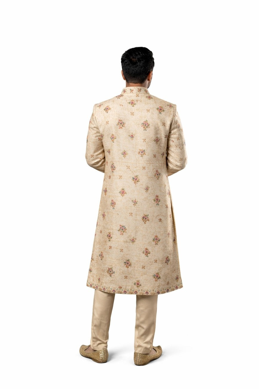 Beige Sherwani with Floral Embroidery and Peacock Design