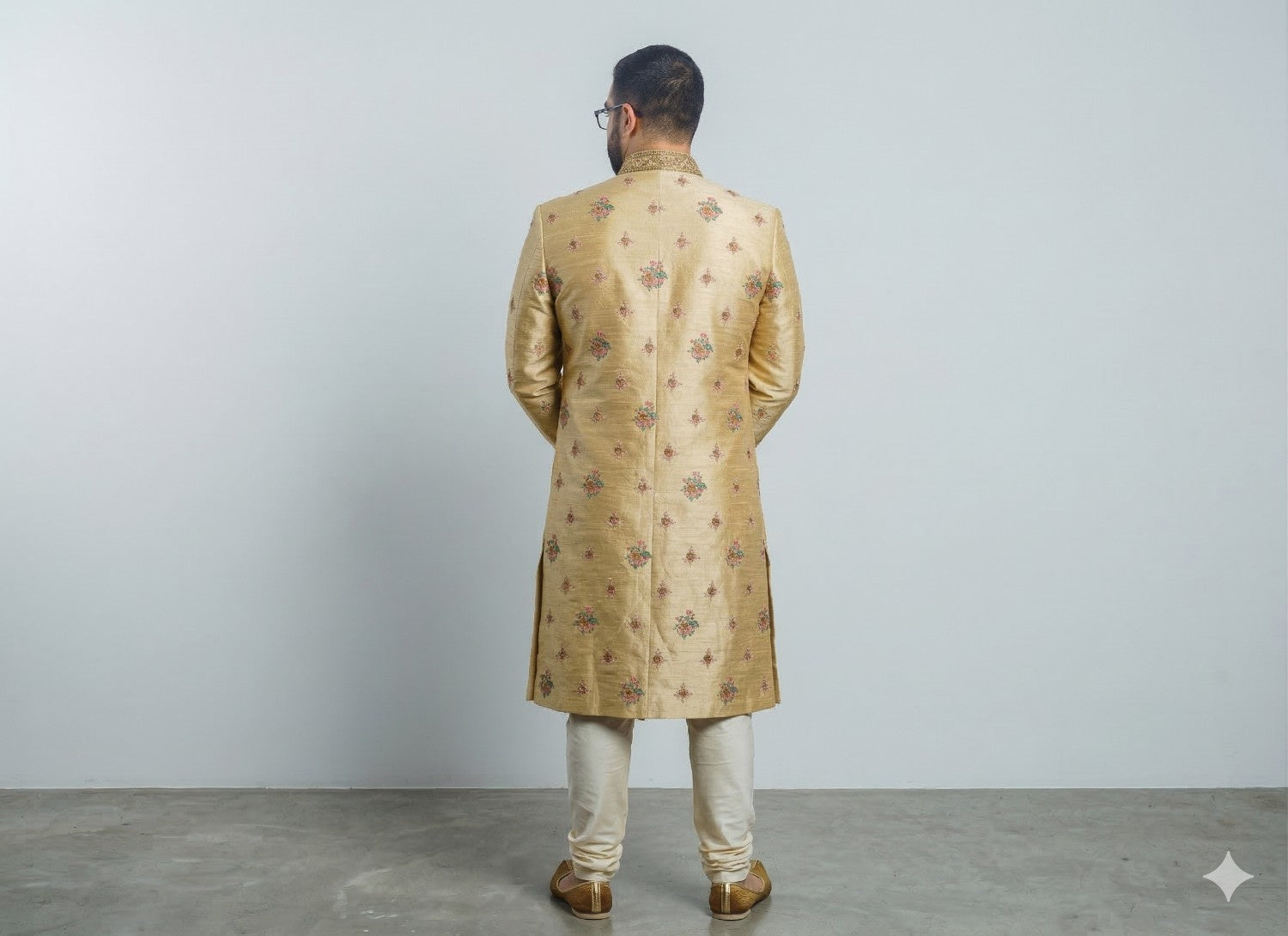Golden Sherwani with Floral and Tassel Embroidery