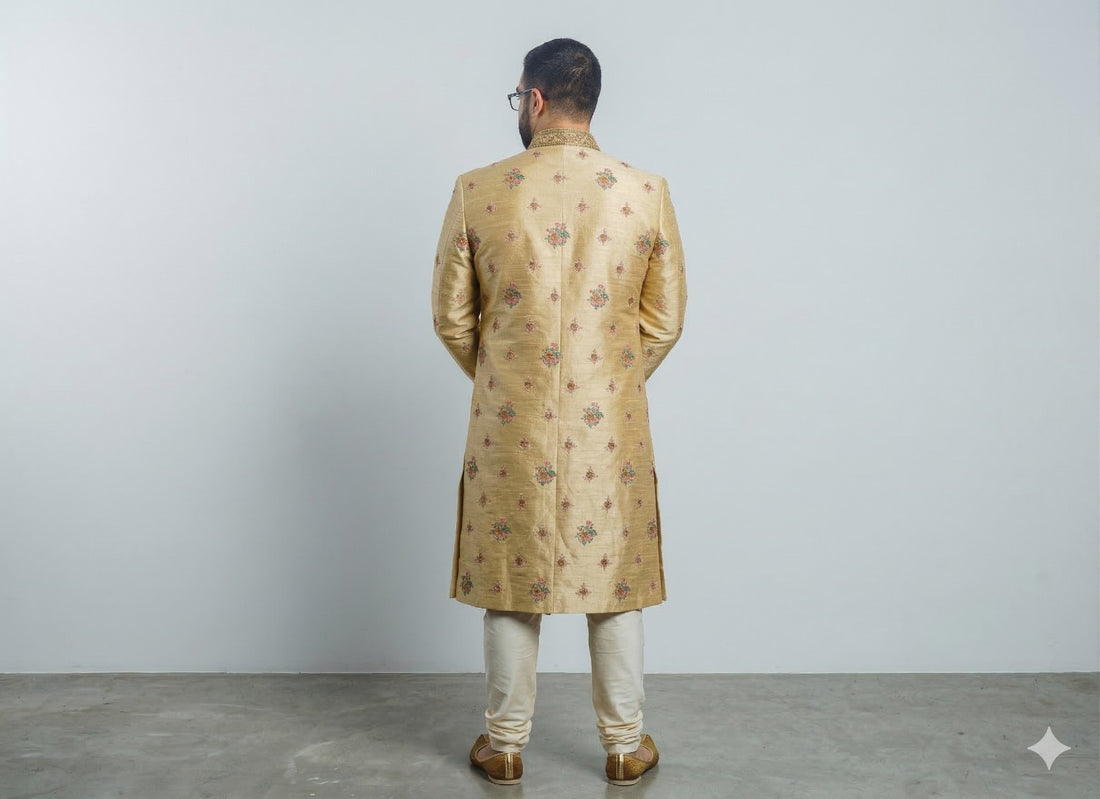 Golden Sherwani with Floral and Tassel Embroidery