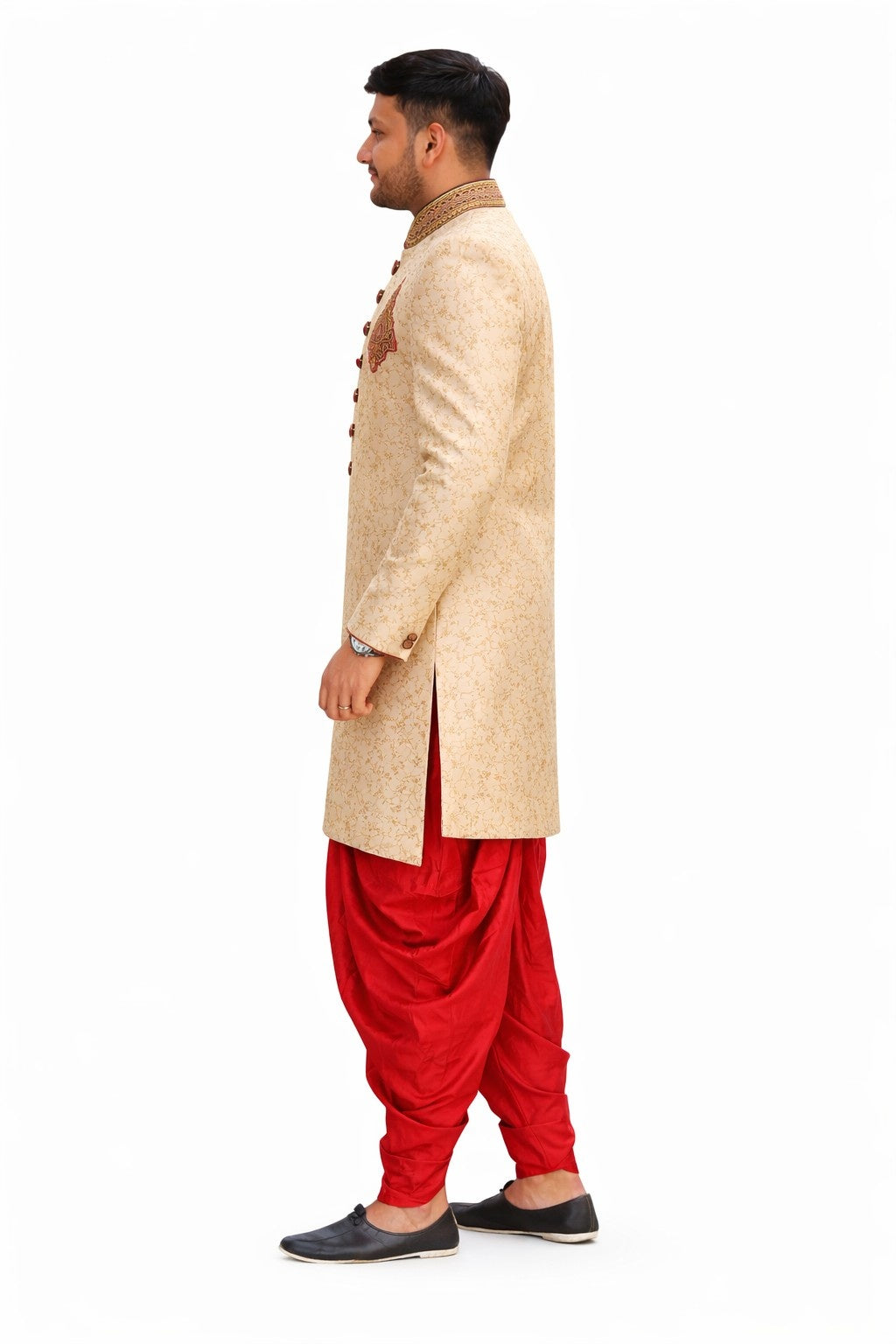 Beige Sherwani with Gold Floral Embroidery and Red Border