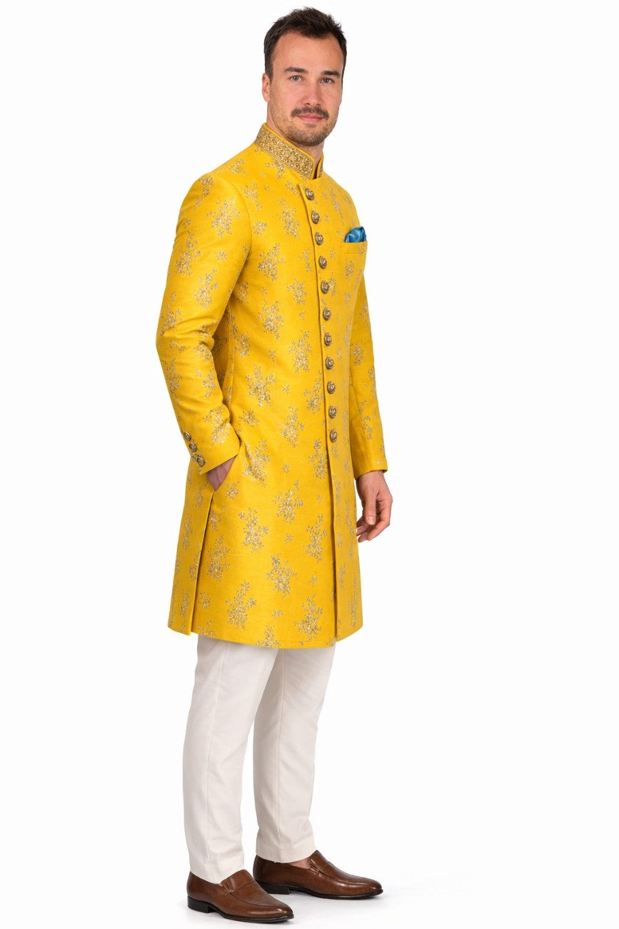 Blue and Gold Contrast Sherwani with Floral Pattern