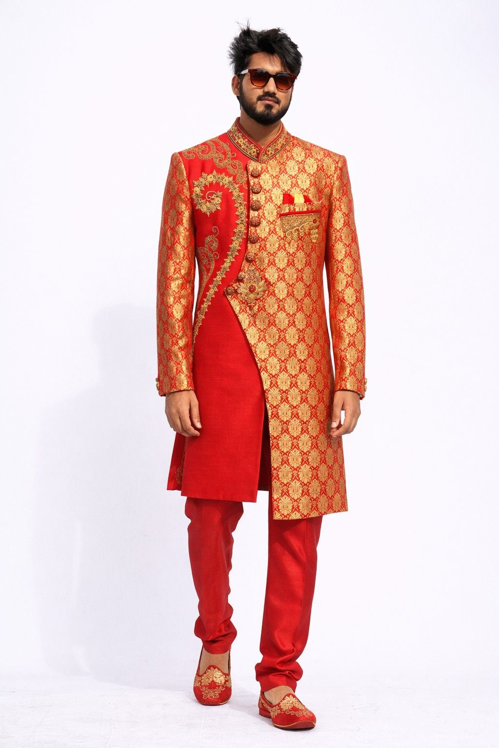 Red and Gold Sherwani with Intricate Embroidery