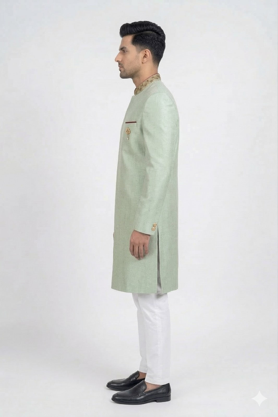 Mint Green Sherwani with Floral Embroidery and Pocket Square