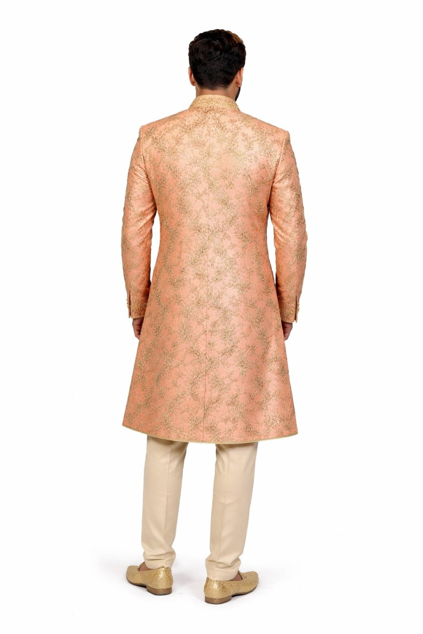Pink Sherwani with Golden Floral Embroidery
