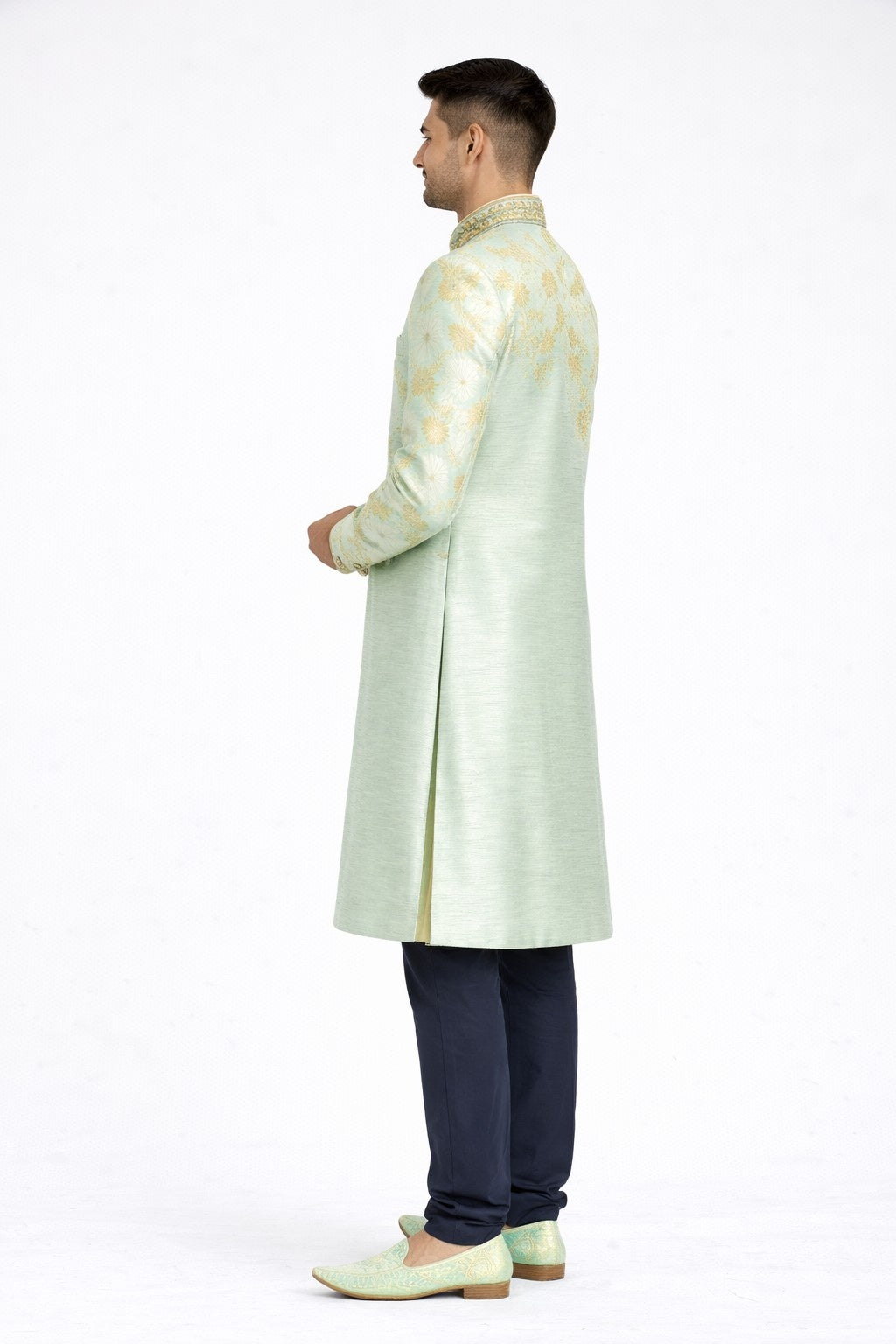 Light Blue Sherwani with Golden Floral Design