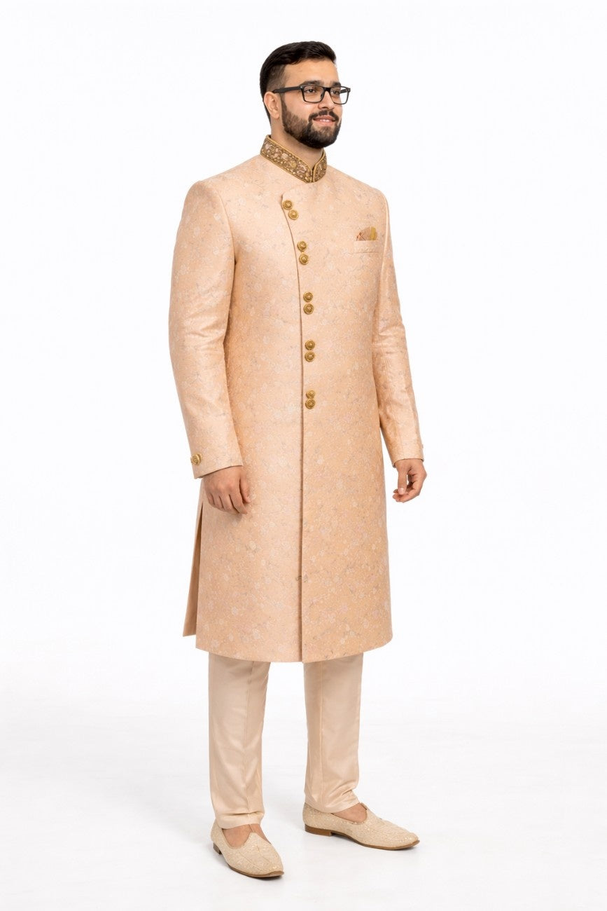 Navy Blue Sherwani with Floral Embroidery and Pocket Square