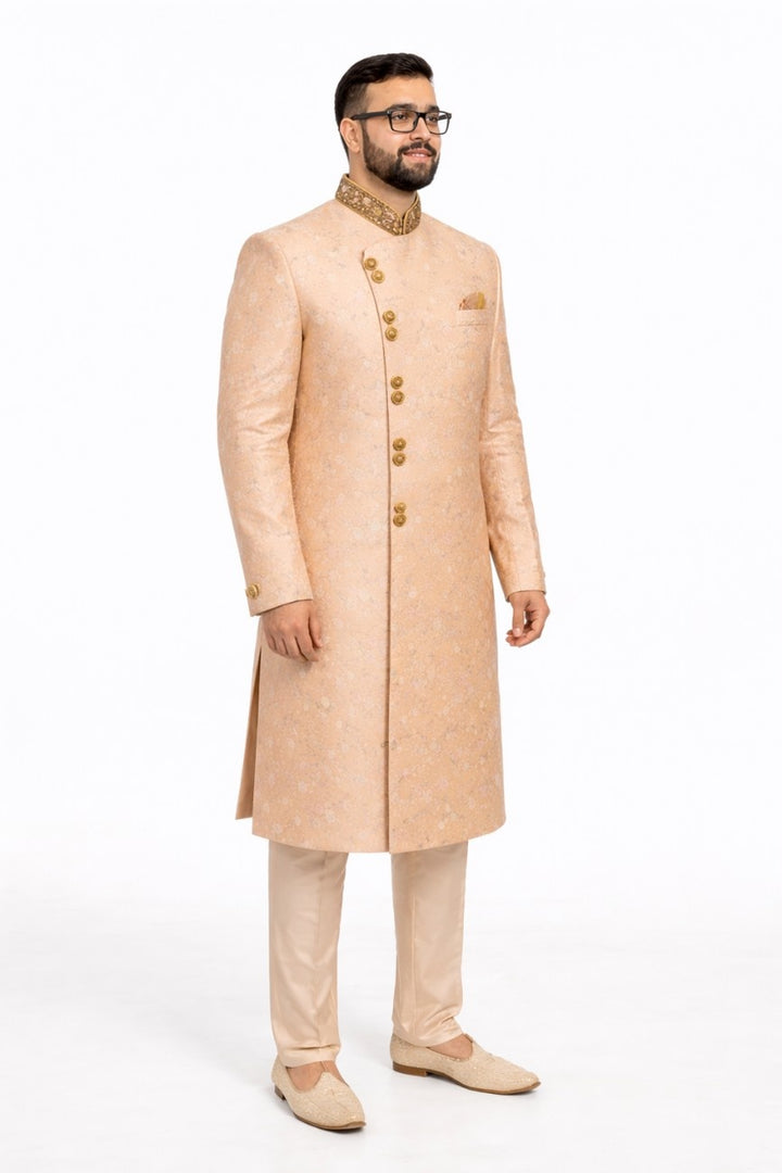 Navy Blue Sherwani with Floral Embroidery and Pocket Square