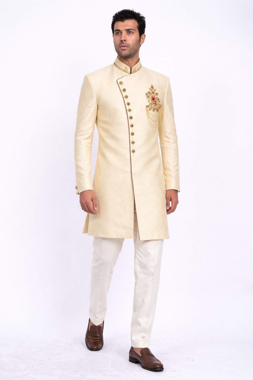 Beige Sherwani with Golden Embroidered Peacock Design