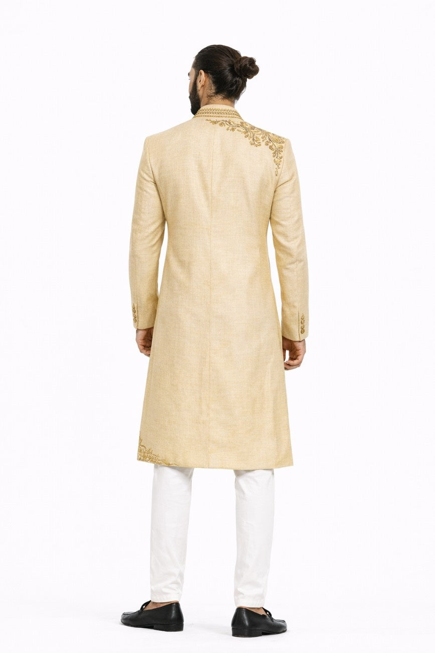 Golden Sherwani with Floral Thread Work and Pocket Square
