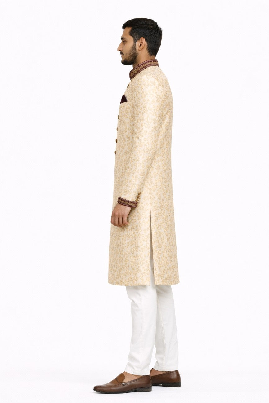 Ivory Sherwani with Royal Red Velvet Detailing and Embellishments