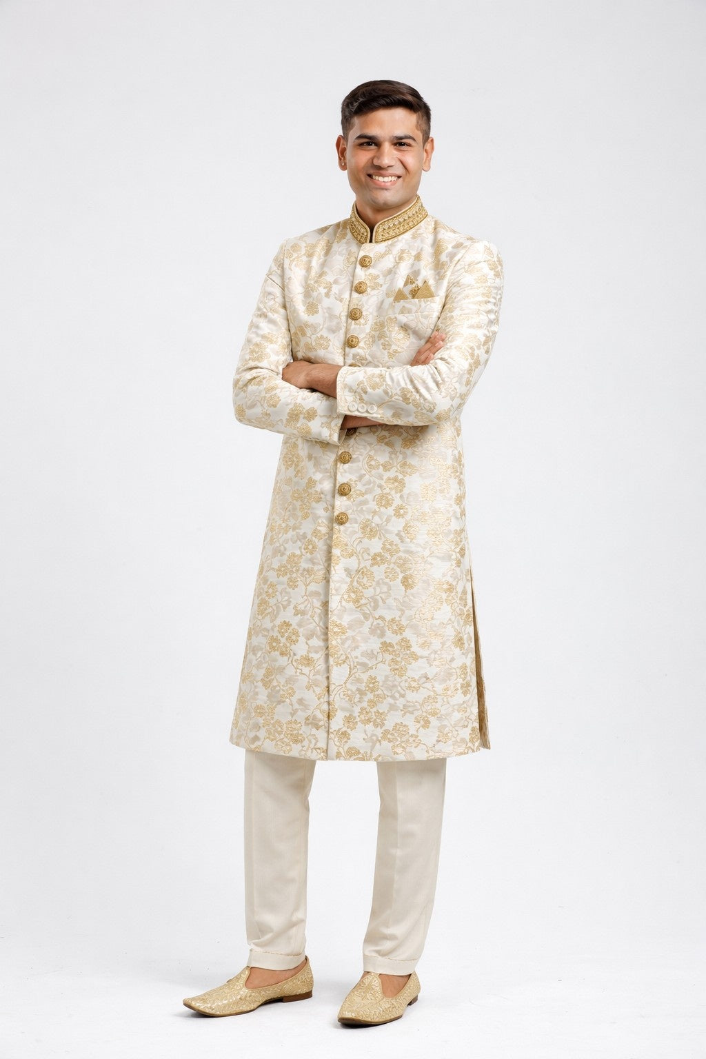 White Sherwani with Golden Floral Embroidery