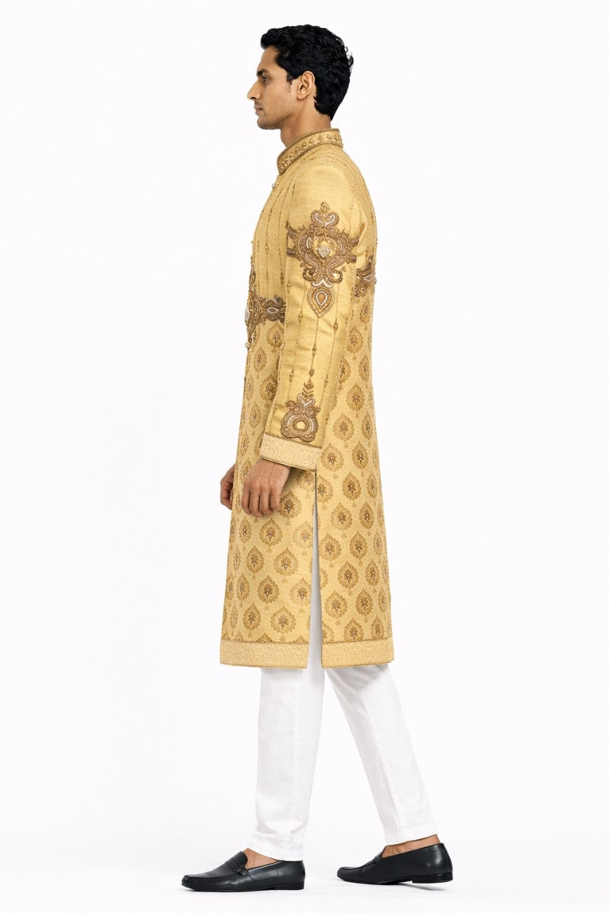 Yellow Floral Embroidered Sherwani with Golden Embellishments
