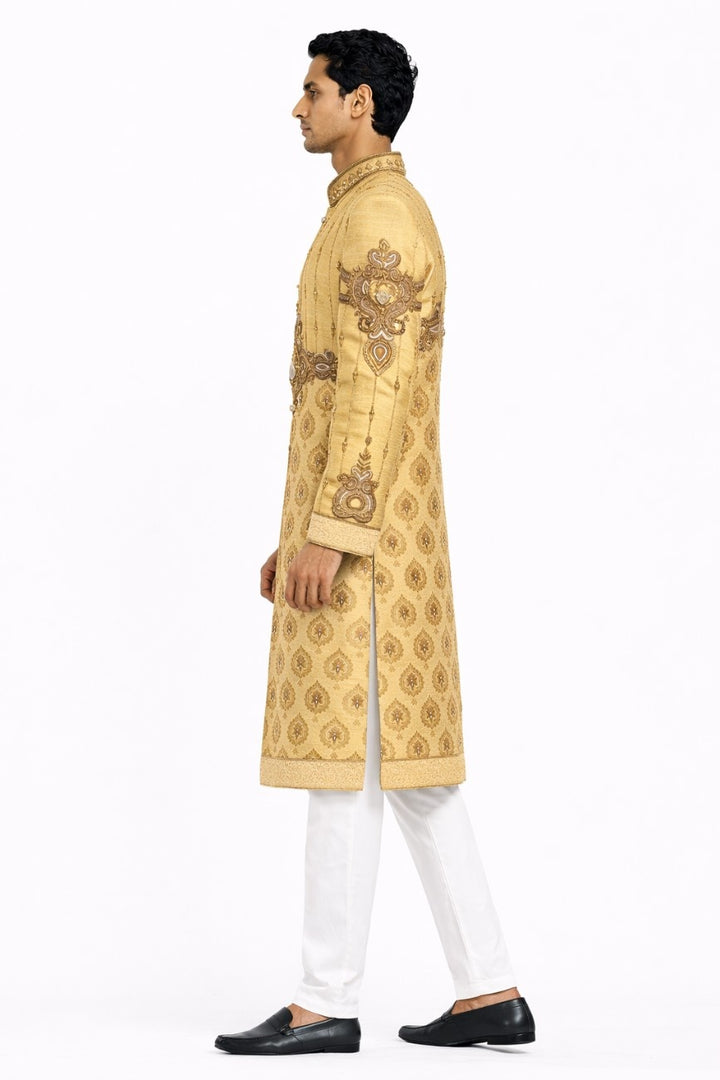 Yellow Floral Embroidered Sherwani with Golden Embellishments