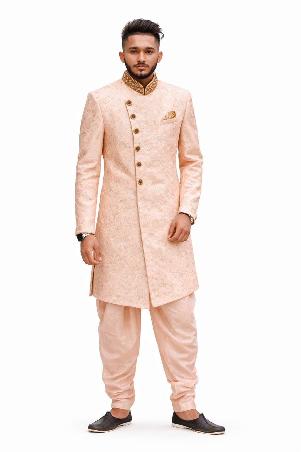 Beige Sherwani with Embroidered Floral Design