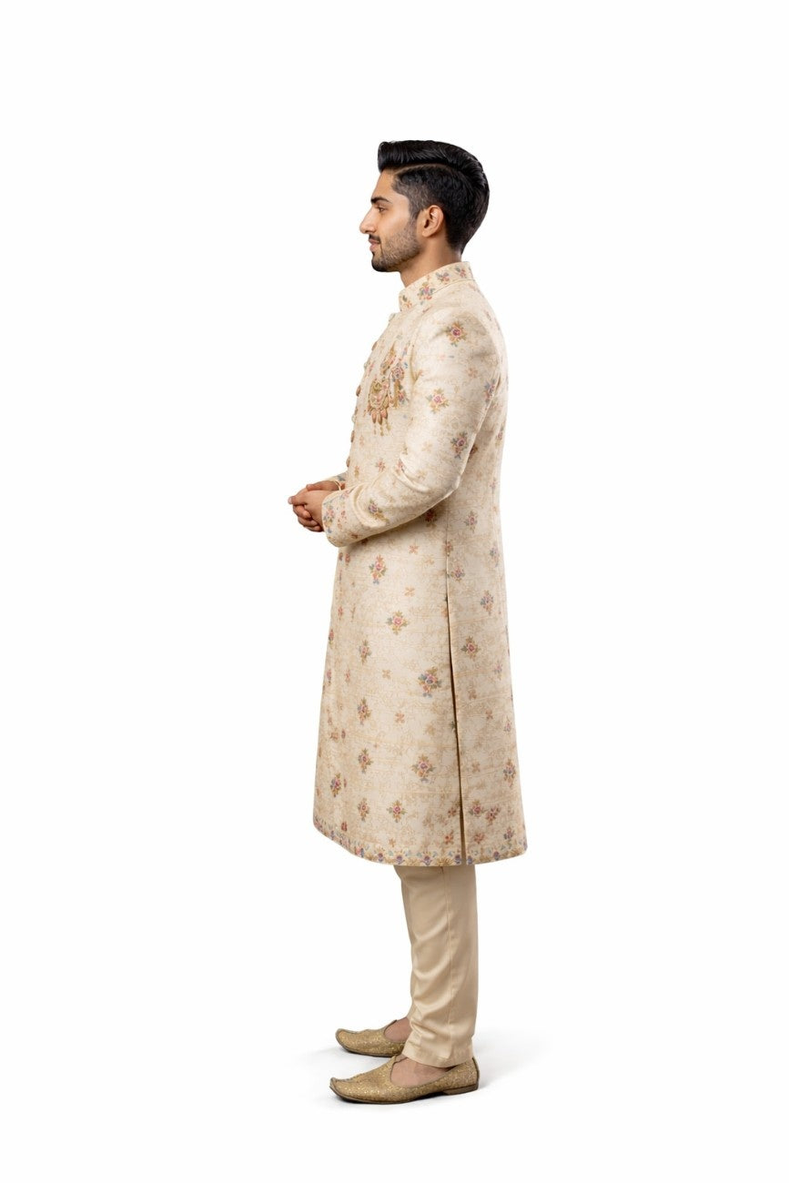 Beige Sherwani with Floral Embroidery and Peacock Design