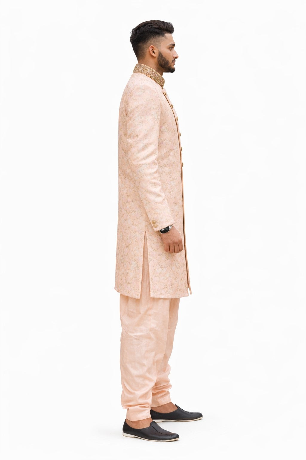 Beige Sherwani with Embroidered Floral Design
