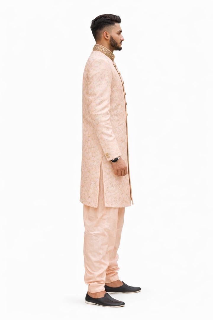 Beige Sherwani with Embroidered Floral Design