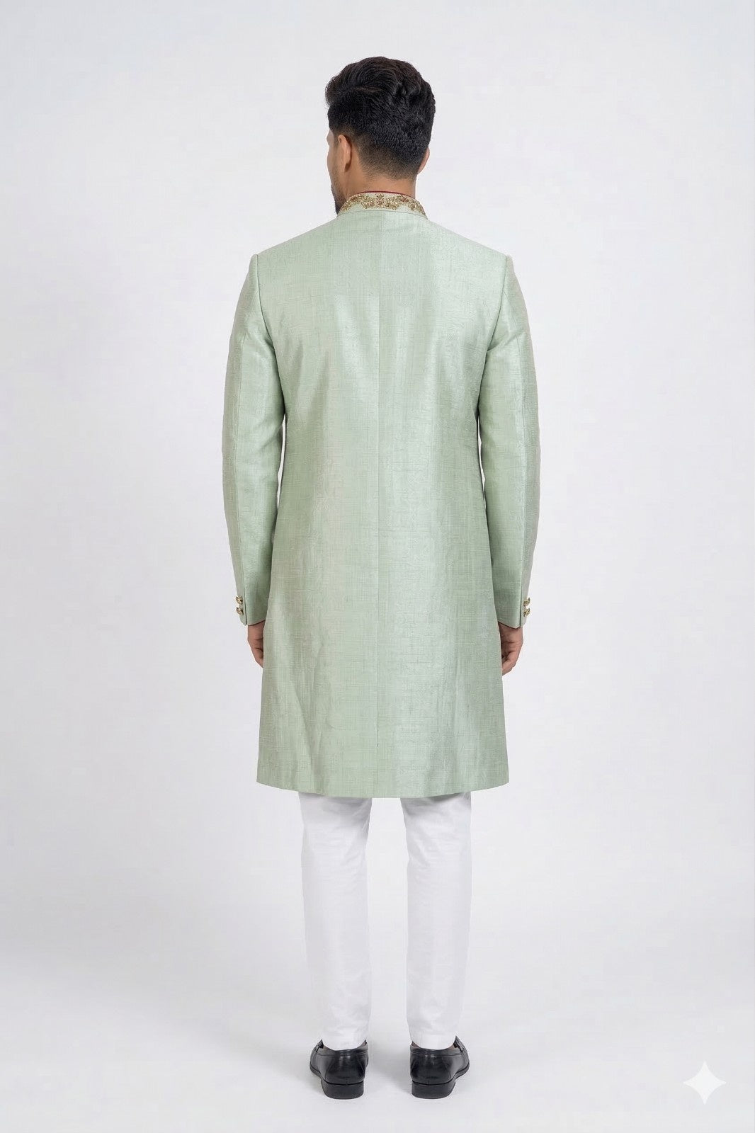 Mint Green Sherwani with Floral Embroidery and Pocket Square