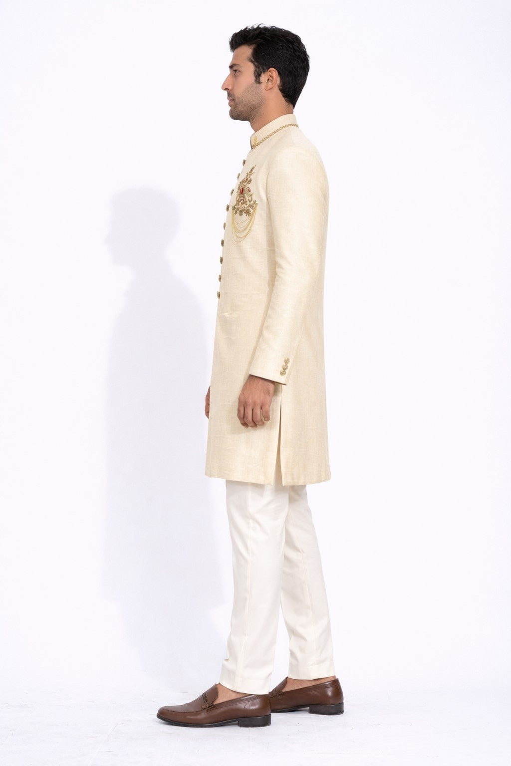 Beige Sherwani with Golden Embroidered Peacock Design