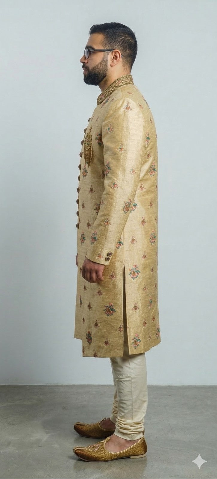 Golden Sherwani with Floral and Tassel Embroidery