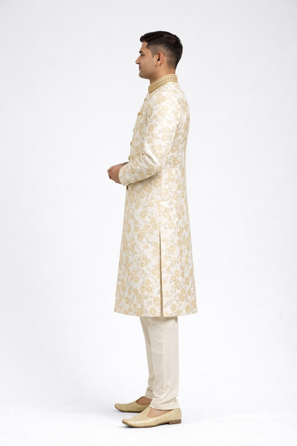 White Sherwani with Golden Floral Embroidery