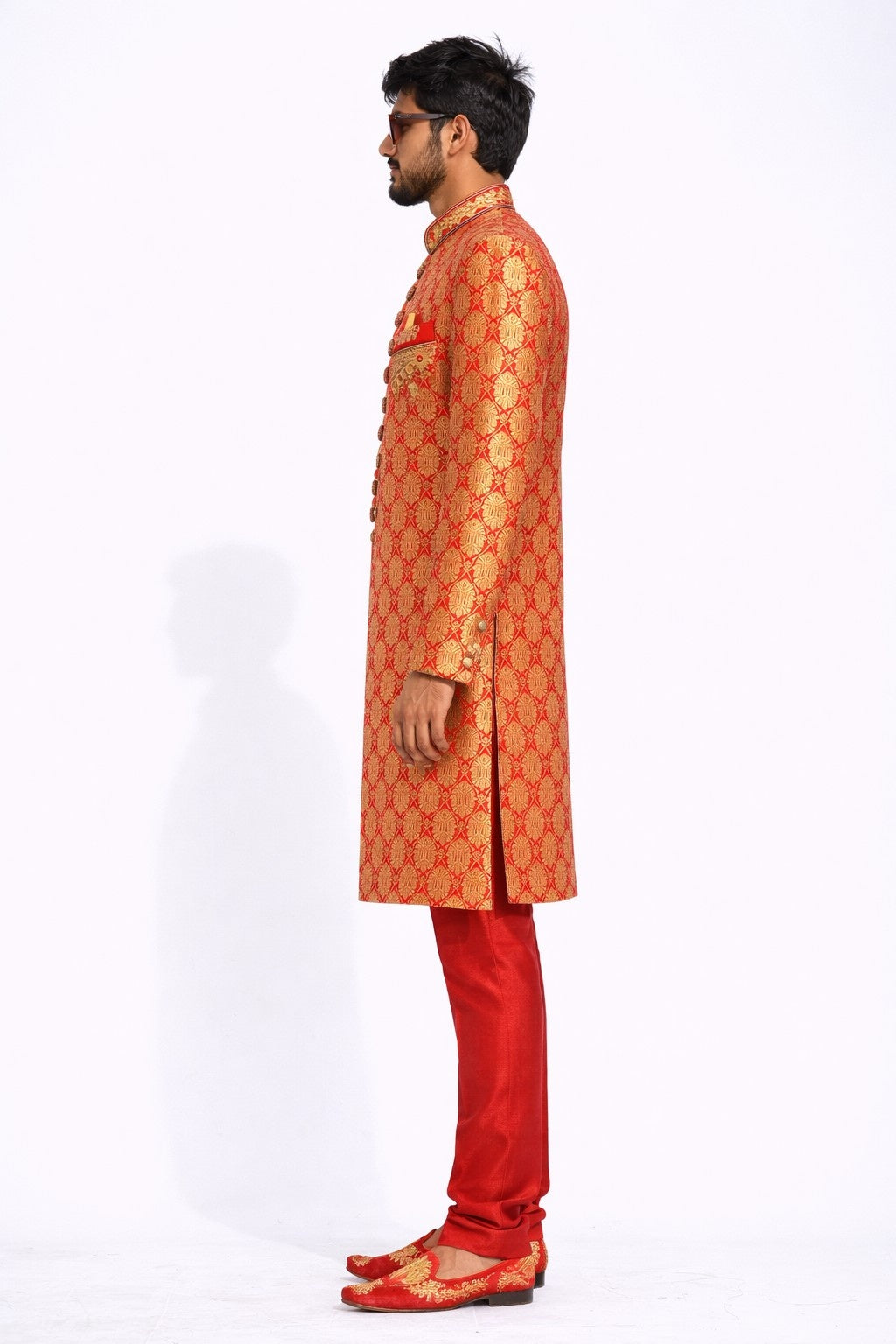 Red and Gold Sherwani with Intricate Embroidery