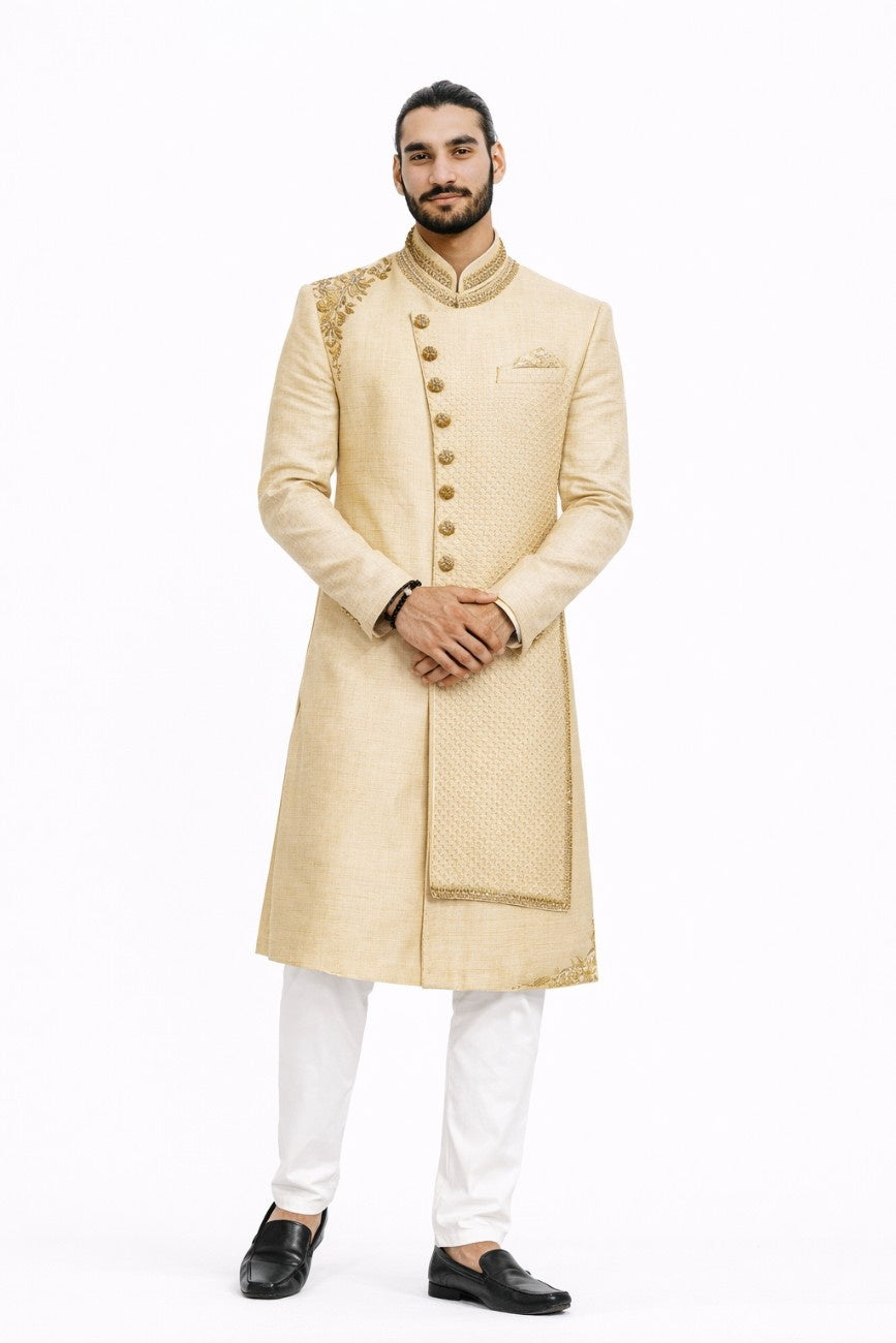 Golden Sherwani with Floral Thread Work and Pocket Square