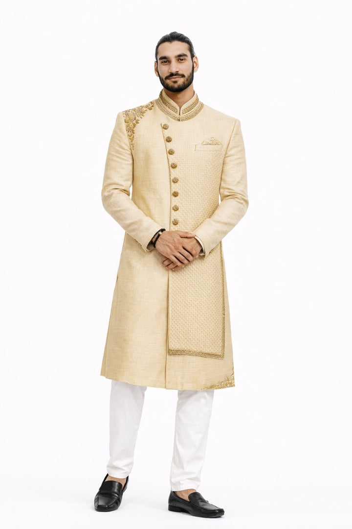 Golden Sherwani with Floral Thread Work and Pocket Square