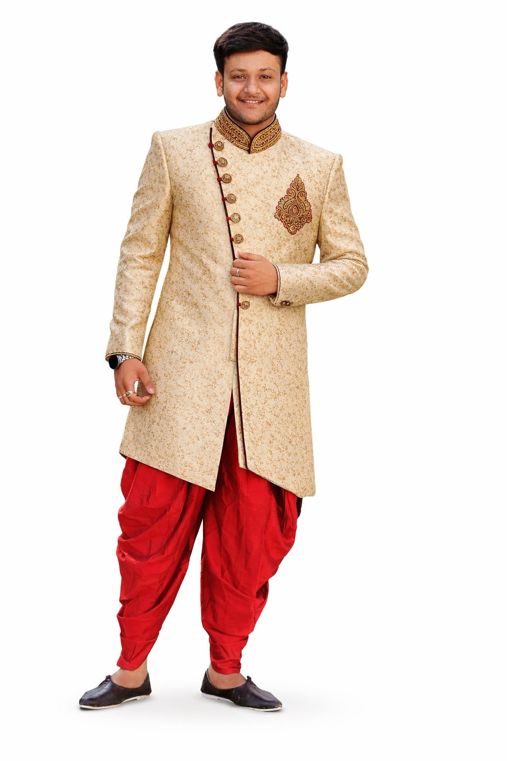 Beige Sherwani with Gold Floral Embroidery and Red Border