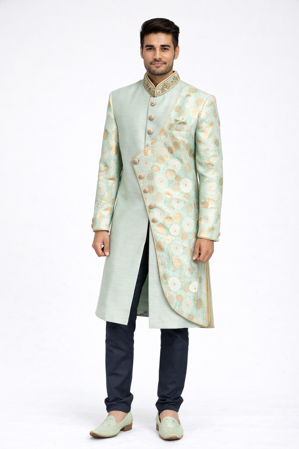 Light Blue Sherwani with Golden Floral Design