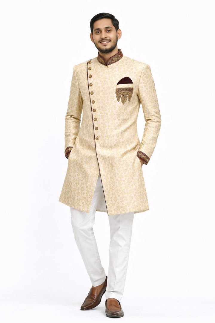 Ivory Sherwani with Royal Red Velvet Detailing and Embellishments