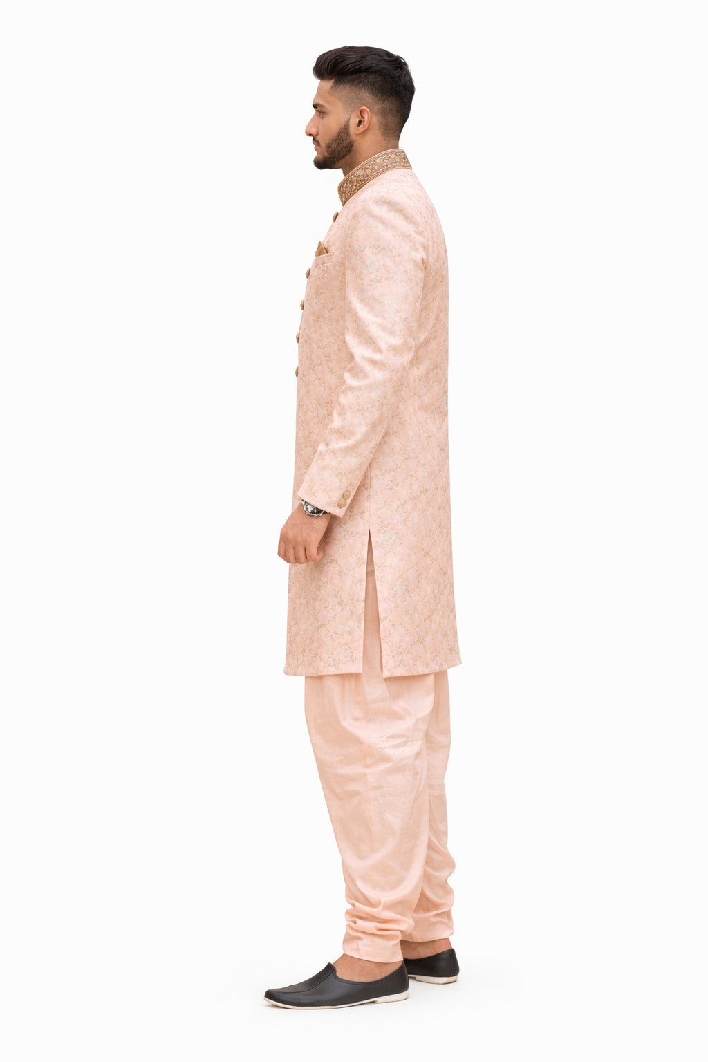 Beige Sherwani with Embroidered Floral Design