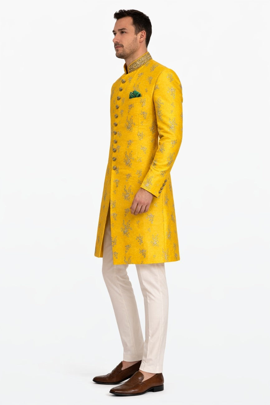 Blue and Gold Contrast Sherwani with Floral Pattern