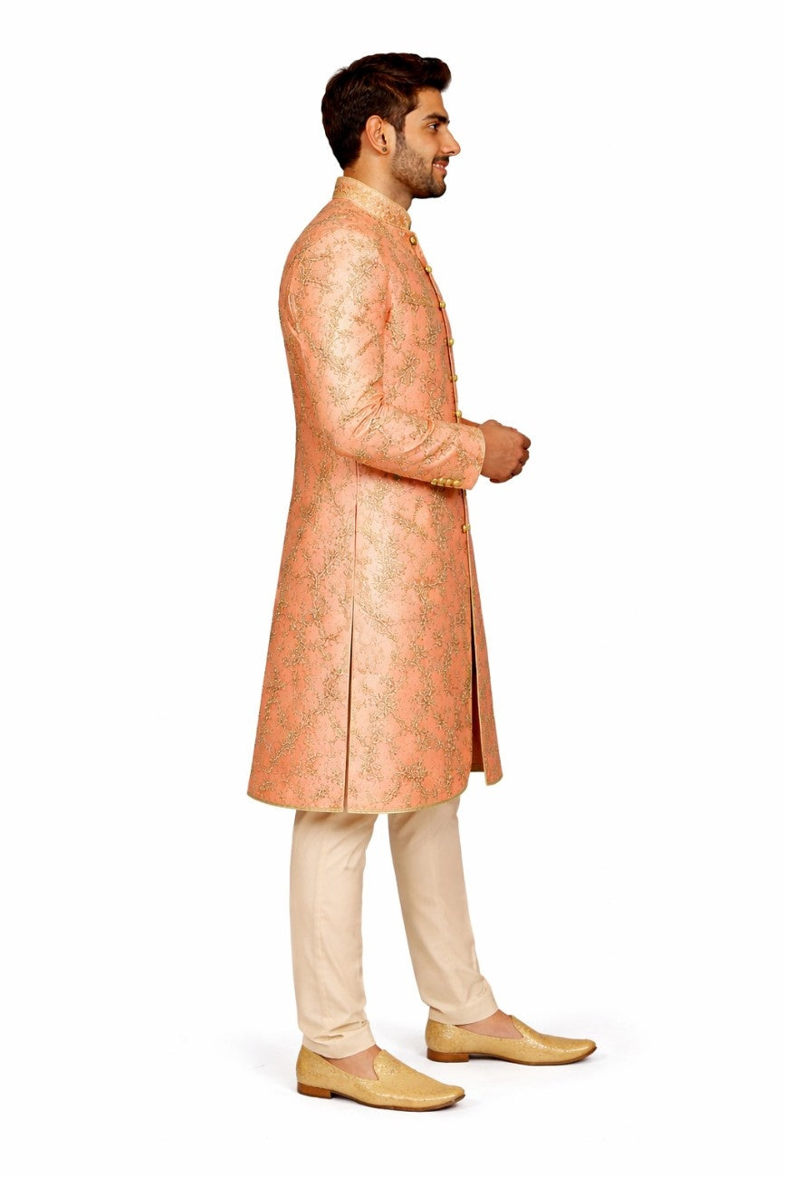Pink Sherwani with Golden Floral Embroidery