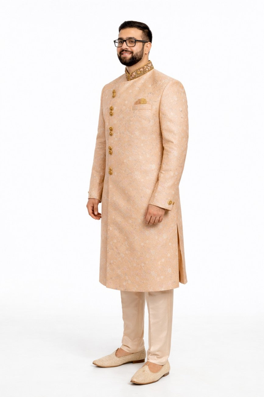 Navy Blue Sherwani with Floral Embroidery and Pocket Square