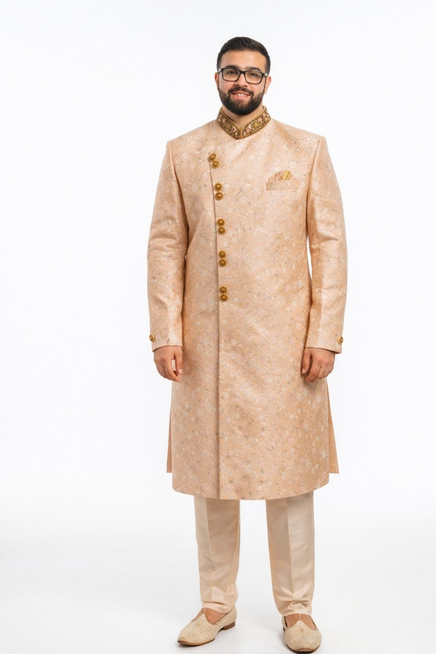Navy Blue Sherwani with Floral Embroidery and Pocket Square