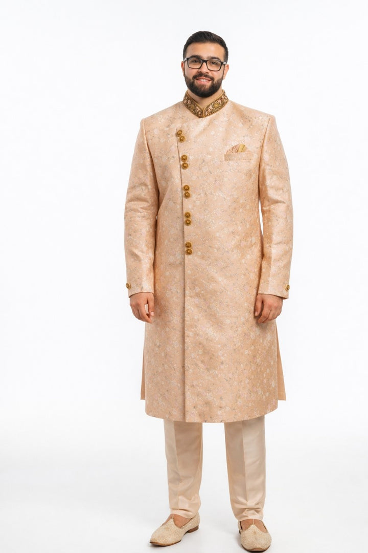 Navy Blue Sherwani with Floral Embroidery and Pocket Square